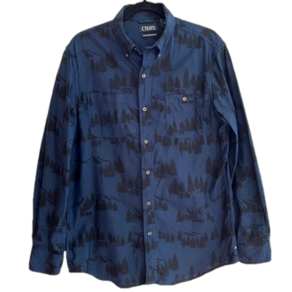CHAPS Performance Long Sleeve Flannel Shirt Bears Trees Pattern Cozy Cabincore